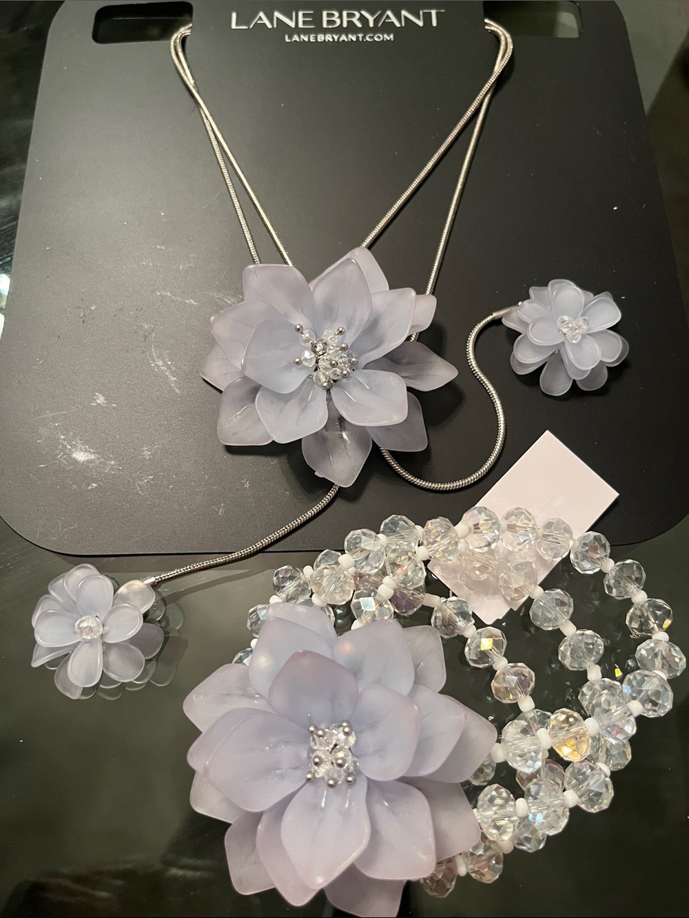 Lane Bryant Clear Crystal Stretch Bracelet with Soft Lavender Flower